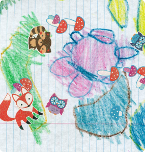Doodles made by a child waiting in India: colorful shapes with animal stickers.