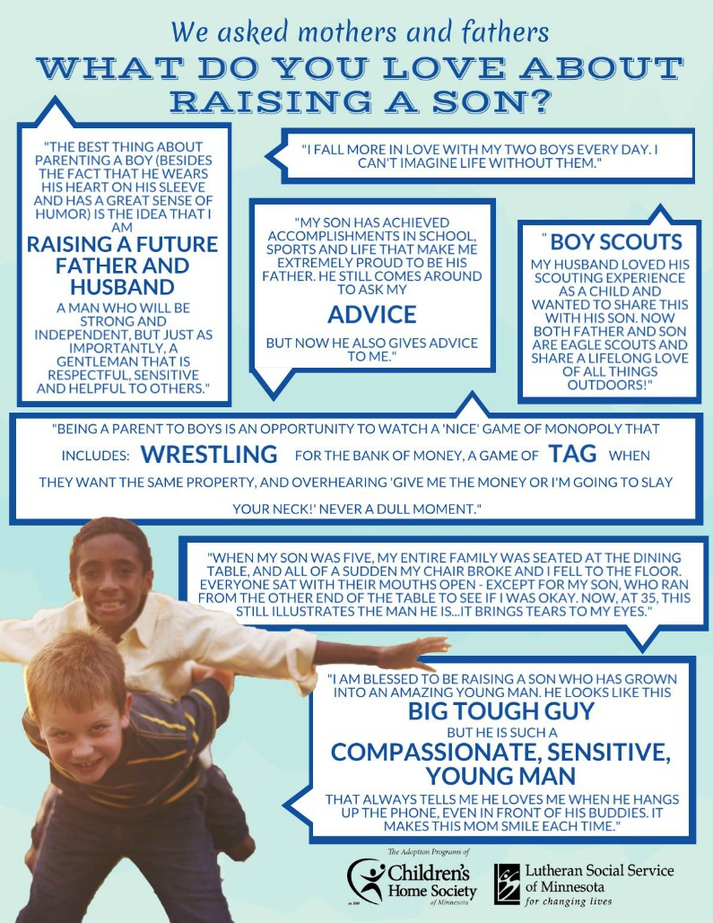 A light blue background with many quotes from parents of sons and a cut out of two brothers playing together, with one "flying" on the other's shoulders.