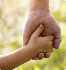 A close-up picture of a parent and child holding hands.