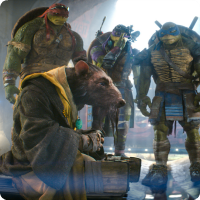 A picture of Splinter surrounded by the Teenage Mutant Ninja Turtles.
