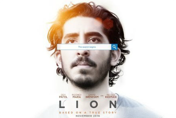 A photo of grown up Saroo against a white background from the Lion movie poster.