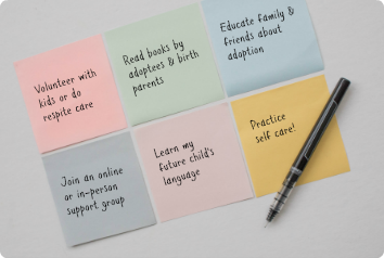 Post it notes filled with ideas for things to do while you wait to adopt.