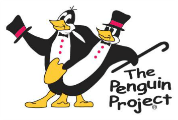 A picture of the penguin project logo which is two cartoon penguins in top hats. One is holding a cane. They appear to be dancing.