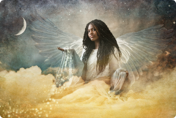 Chanel is pictured in a fantasy portrait. She is in the clouds and looks like an angel with a starry sky behind her.