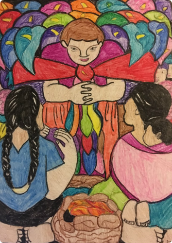 A picture of one of Chanel's very colorful drawings. It has colorful calla lilies in the background with two women kneeling in front of a man in a robe. one of the women has a baby on her back. 