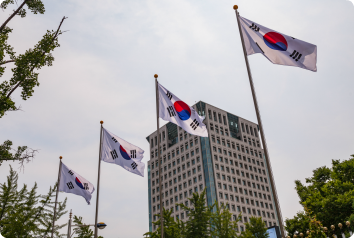 South Korean flags fly in front of a building. A sight you can see if you travel to South Korea this summer during a program for adoptees.