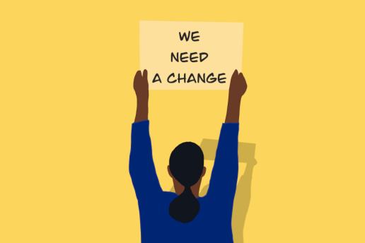 Illustration of woman holding protest sign above head that says "We Need Chante"
