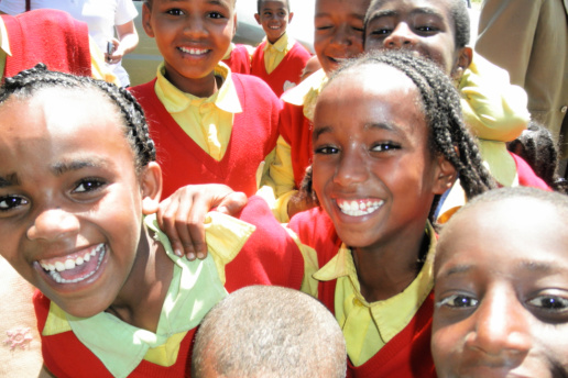 Ethiopian school children at Hossana School in bright uniforms