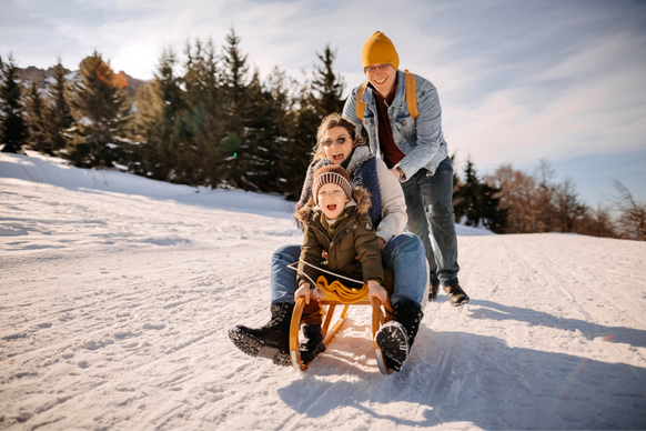 Family sledding in winter